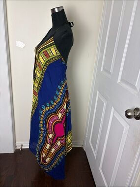 Vintage Afro Vibe Blue Halter Maxi Dress with Pink & Yellow Print